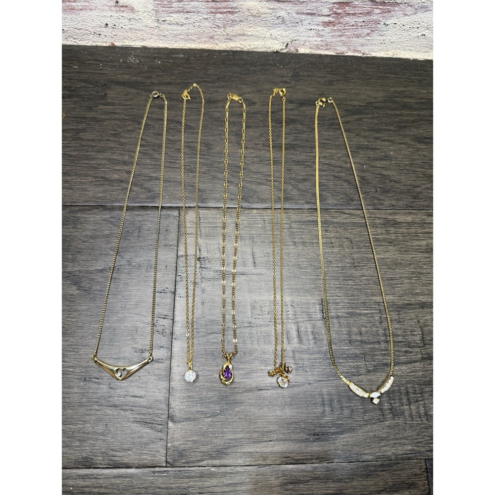 Vintage Gold Tone Necklace Lot of 5 Pieces Jewelry Dainty 18" Stones